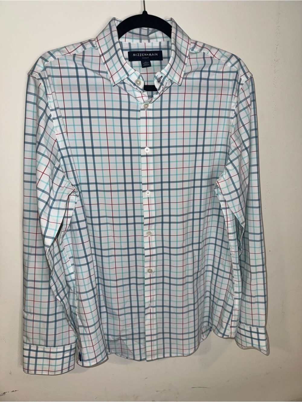 Mizzen+Main Leeward Men’s M Trim Fit No Tuck White Blue Plaid Shirt